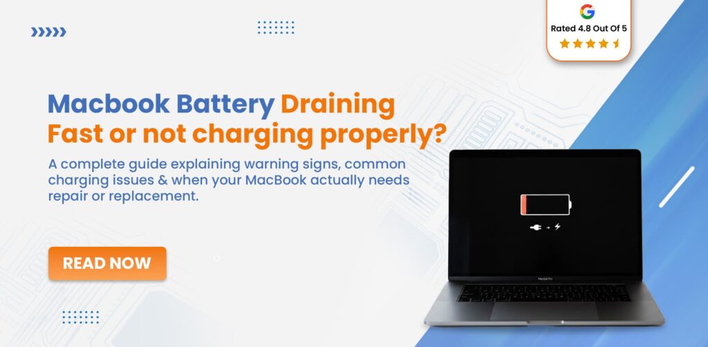 MacBook battery draining fast and not charging properly banner showing low battery warning and charging problem guide