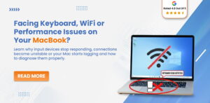MacBook keyboard and WiFi issue banner showing connection error and input device malfunction problem guide