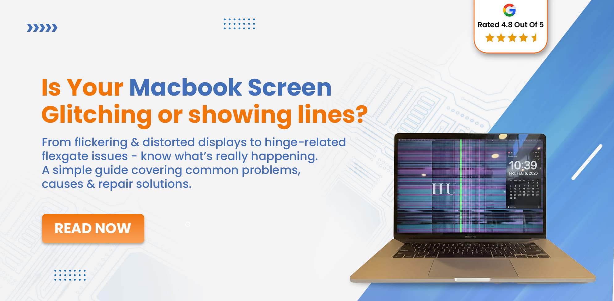 MacBook screen showing lines and glitches with banner about common display problems, causes and repair solutions