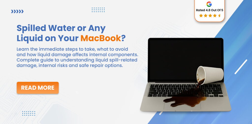 MacBook with coffee spilled on keyboard representing liquid damage and water spill repair guide