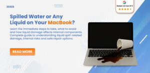 MacBook with coffee spilled on keyboard representing liquid damage and water spill repair guide
