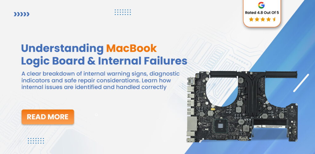 MacBook logic board with internal components shown representing motherboard failure and internal hardware repair issues