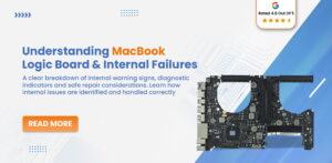 MacBook logic board with internal components shown representing motherboard failure and internal hardware repair issues