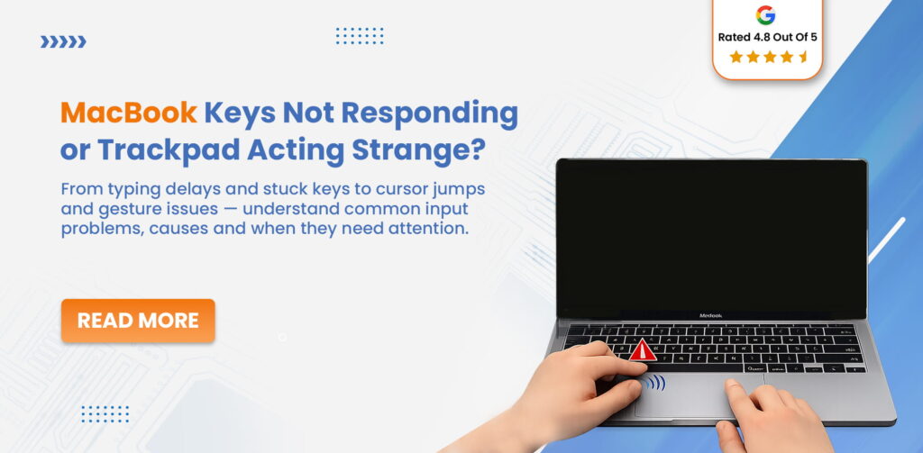 MacBook keyboard keys not responding and trackpad problem illustration showing input device malfunction